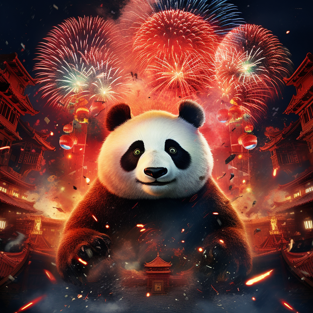 Panda wearing fireworks with glowing eyes