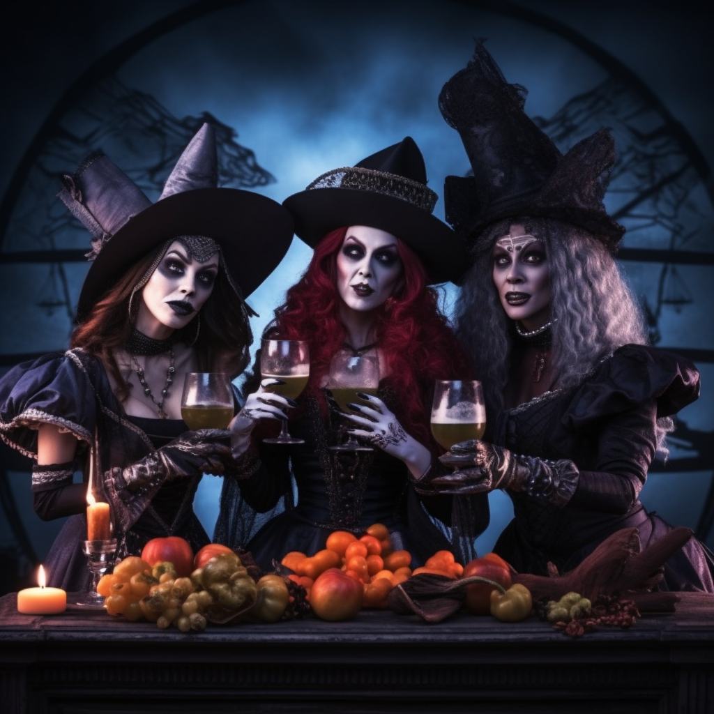 Four beautiful women dressed as Halloween characters with drinks