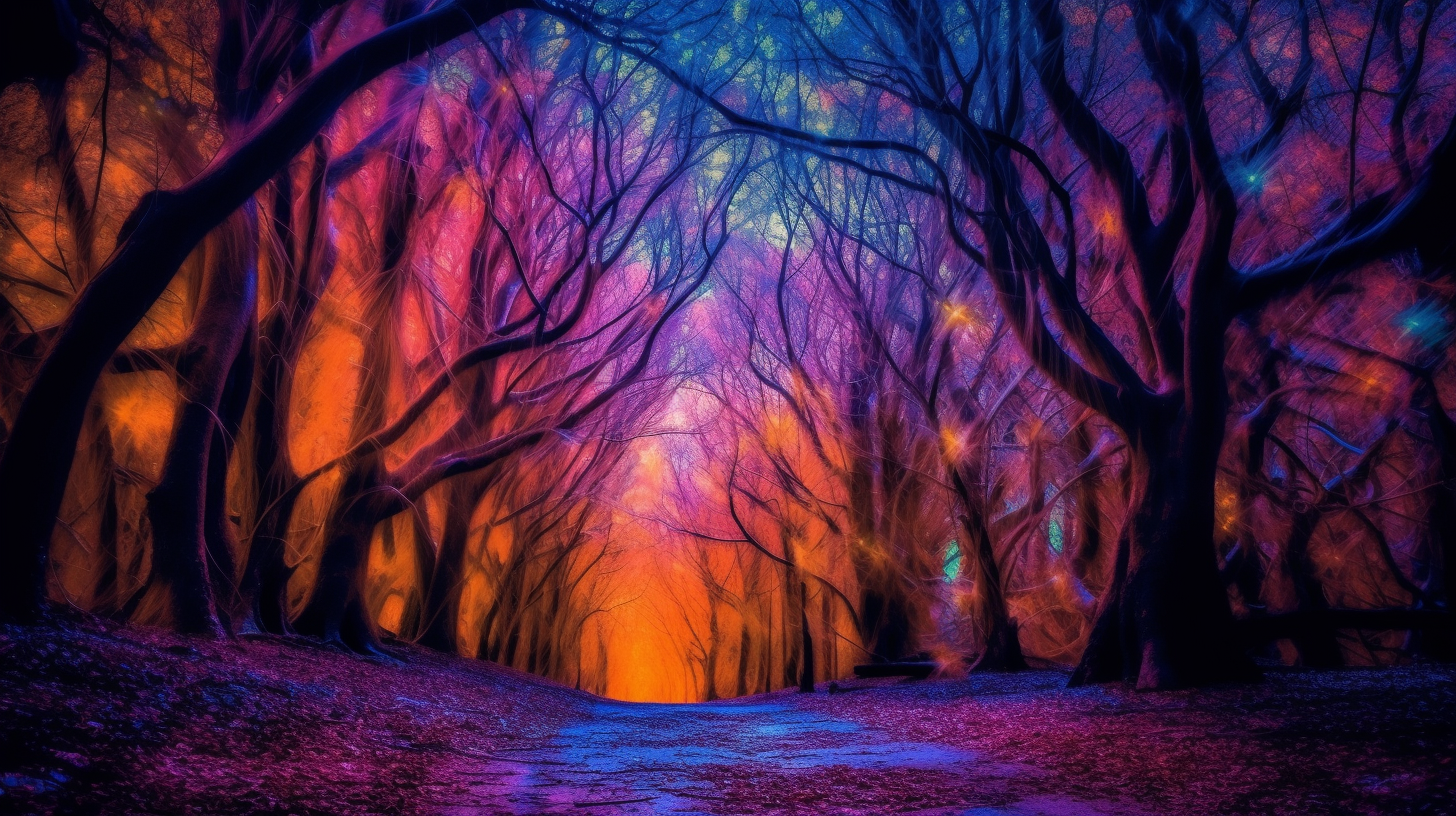 Vibrant psychedelic Halloween forest scene