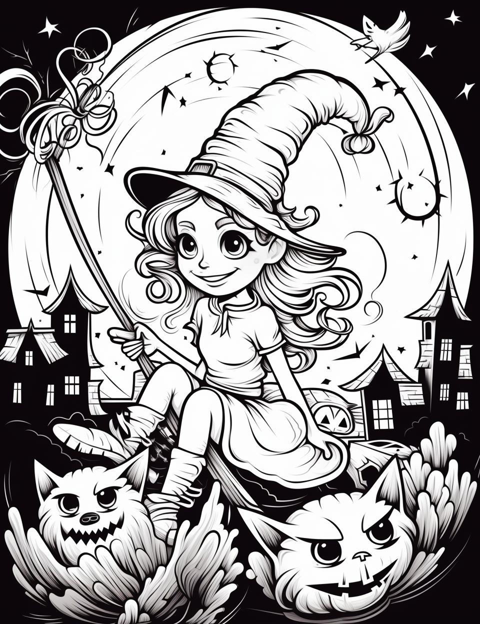 Cartoon-style Halloween witch flying on broomstick with cat