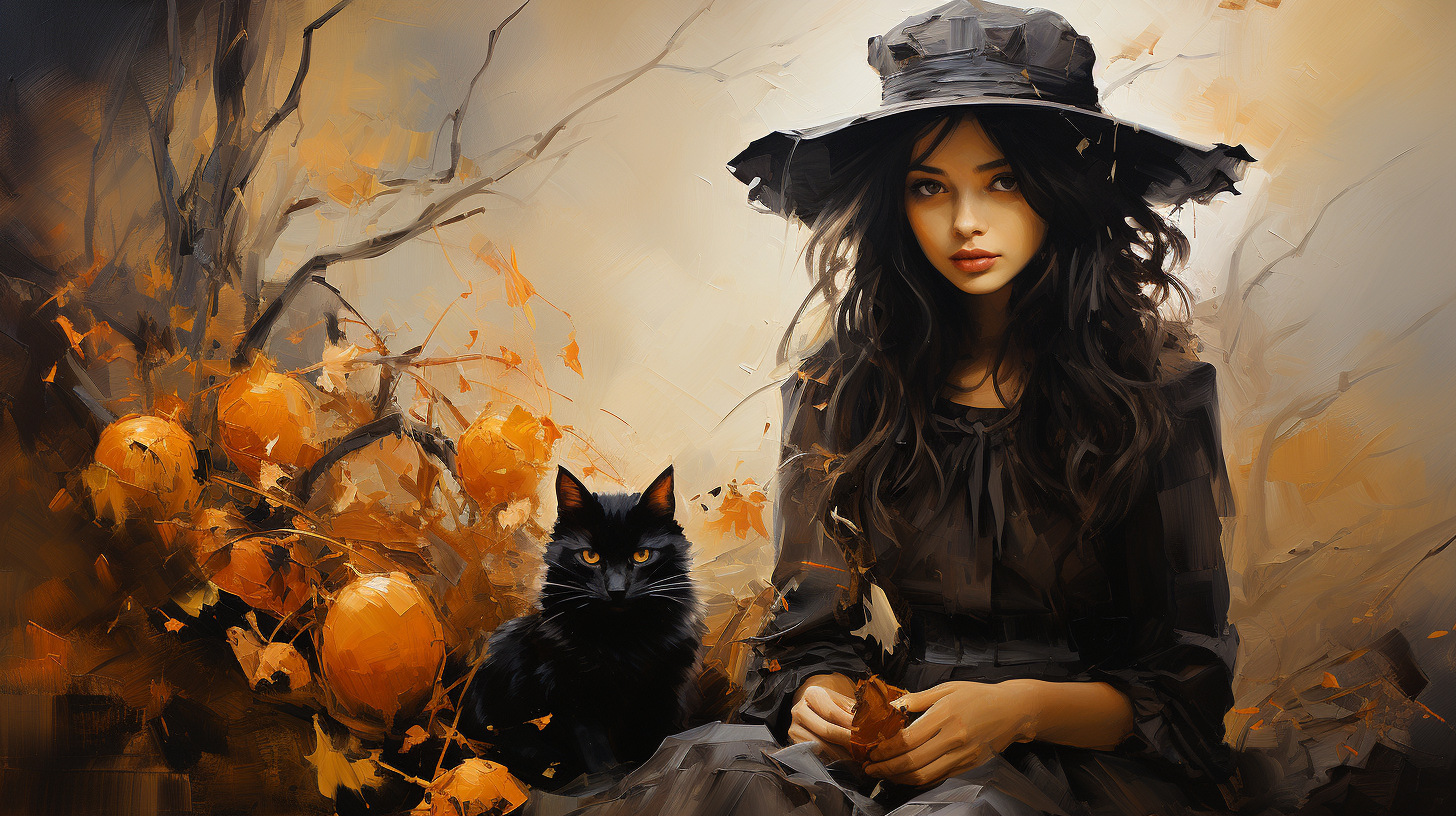 Halloween witch and cat under full moon