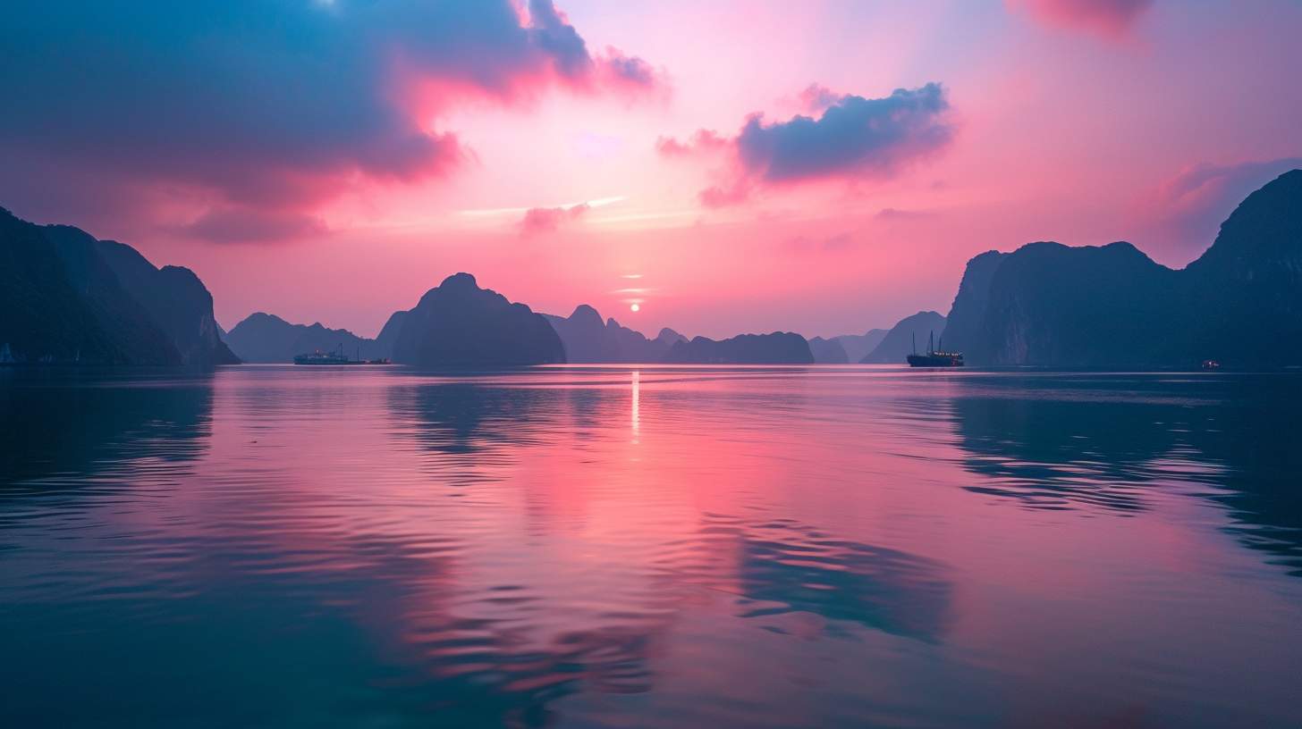 Ha Long Bay Sunset with Pink Clouds and Blue Mountains