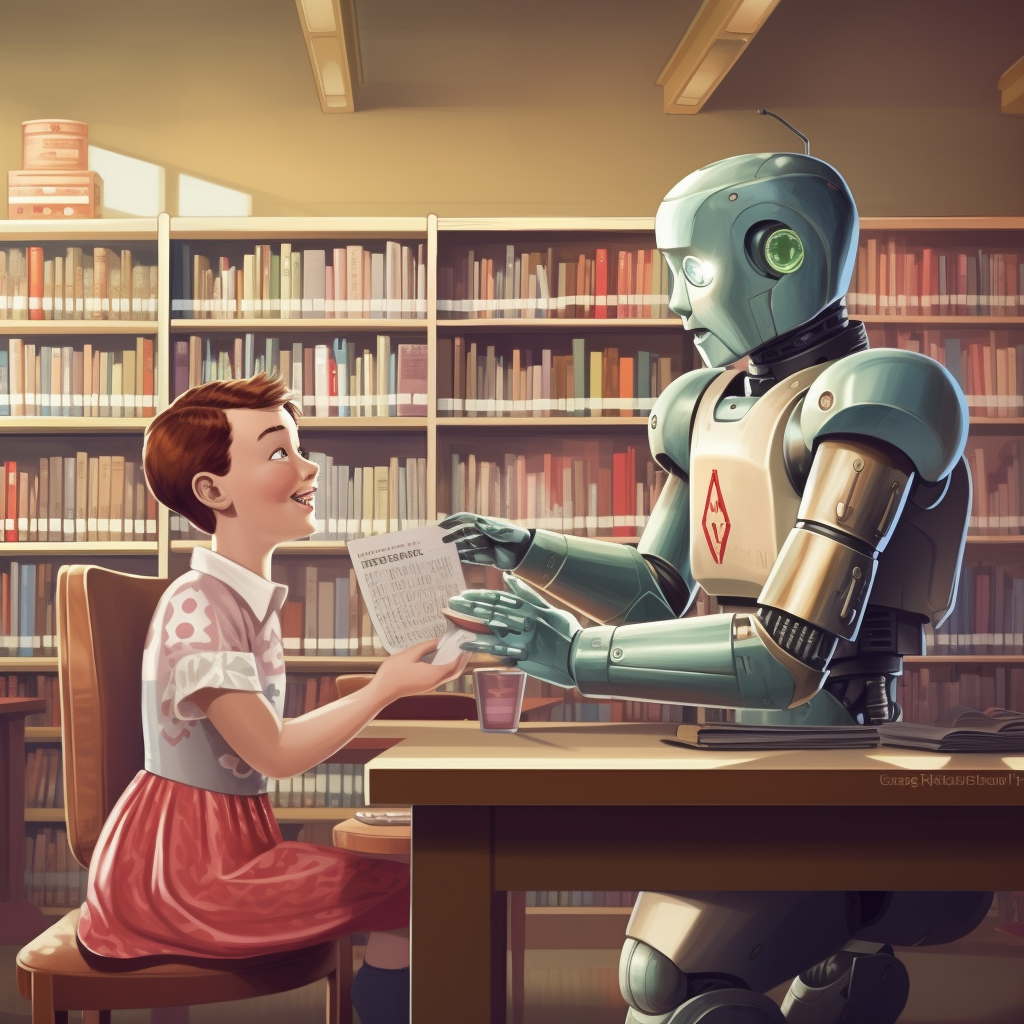 Haman and Robot talking in library