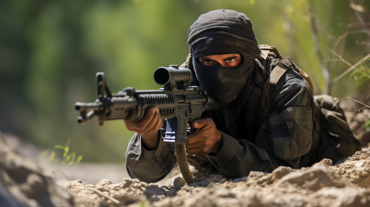 A Hamas soldier aiming his rifle