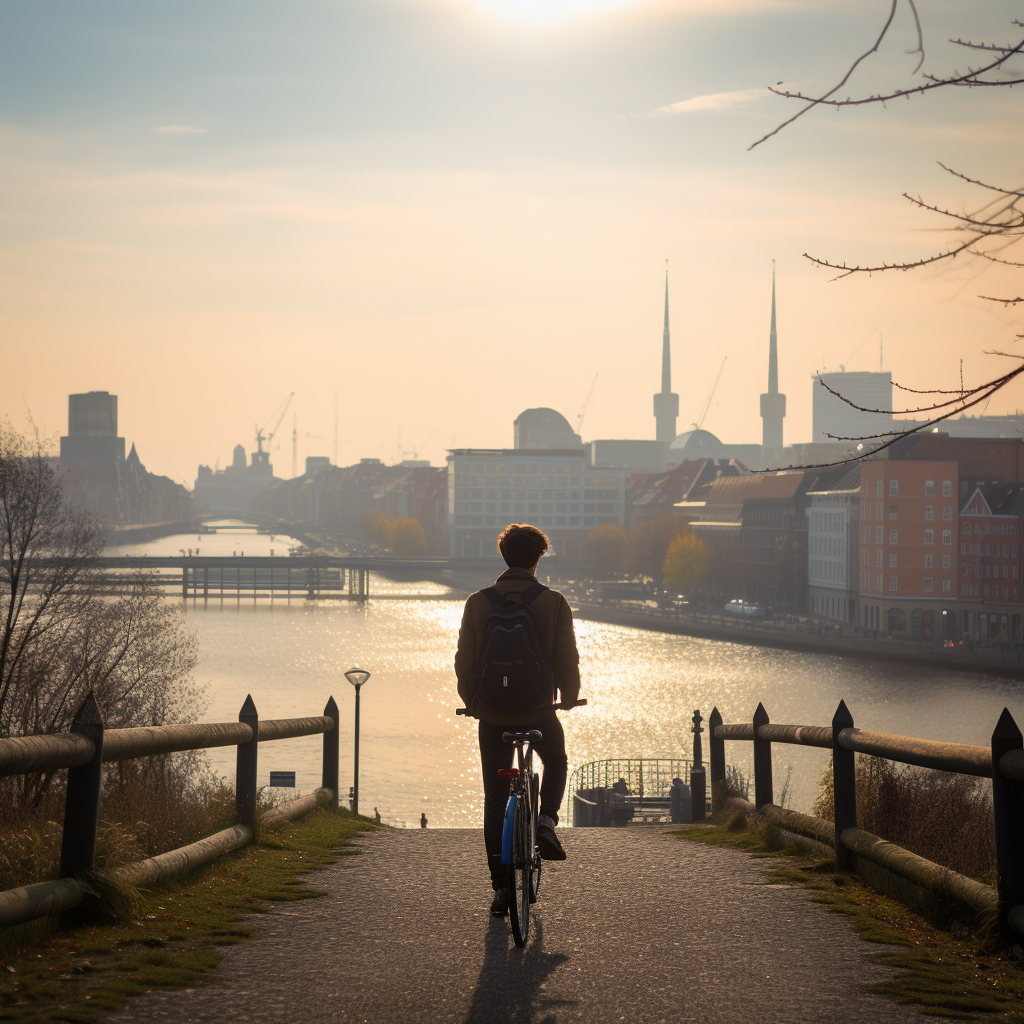 Two people on bicycles in front of Hamburg skyline