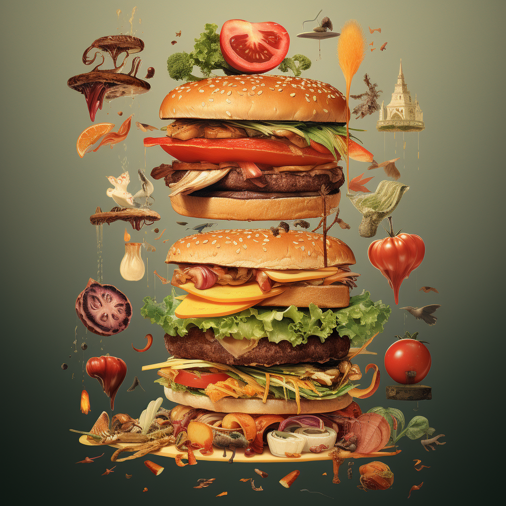 Hamburger ingredients falling into vintage illustration tower