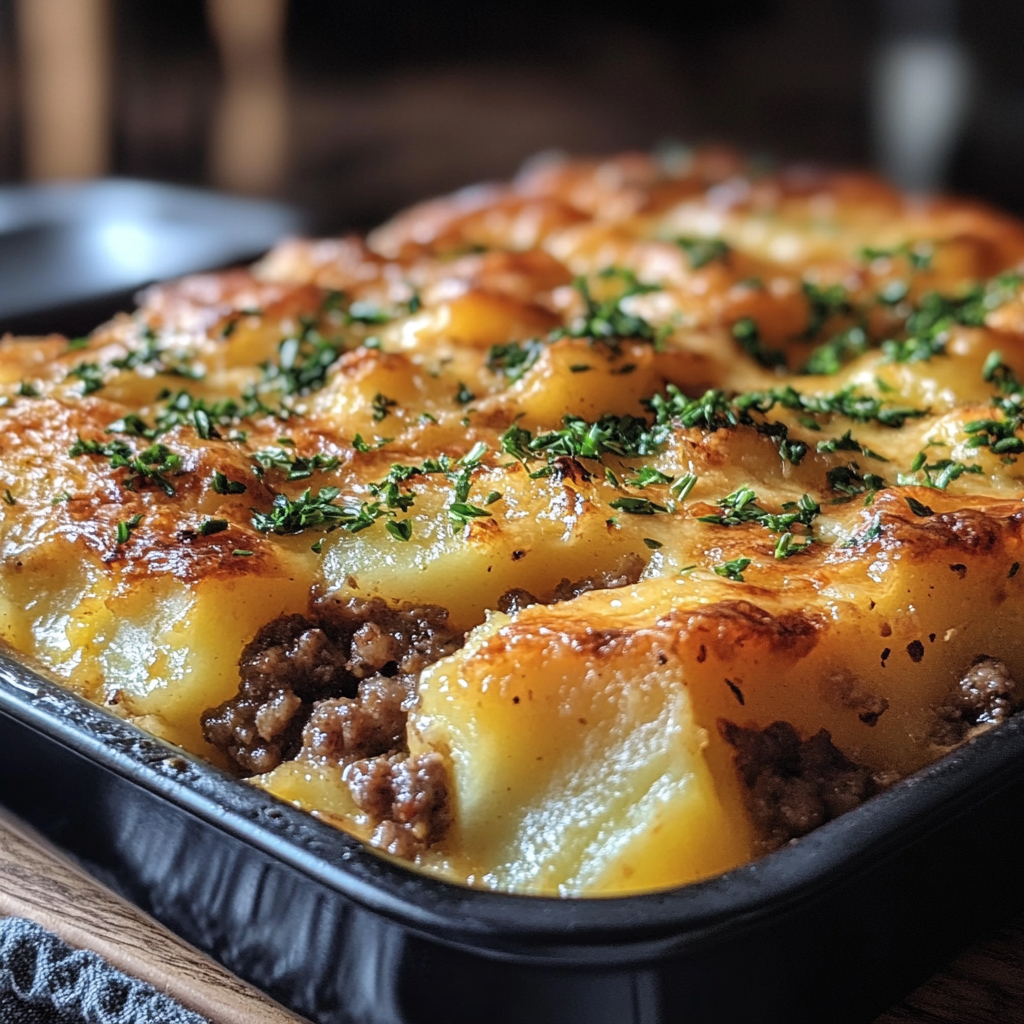 Macro shot of Hamburger Potato Casserole