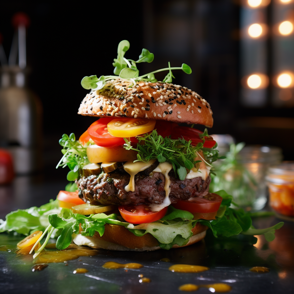 Tasty hamburger publicity reel with fresh tomato salad