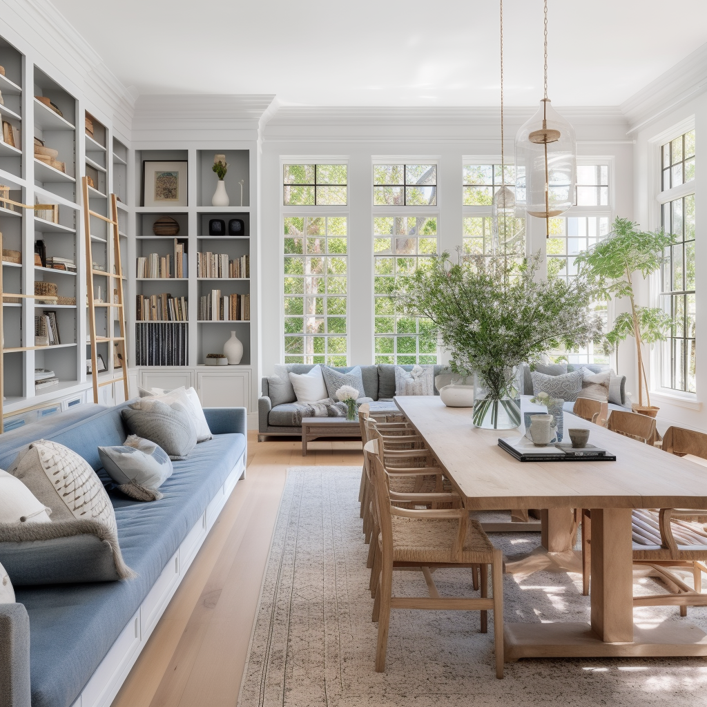 Grey sofa, blue dining chairs, and eclectic decor in a Hampton-style living room