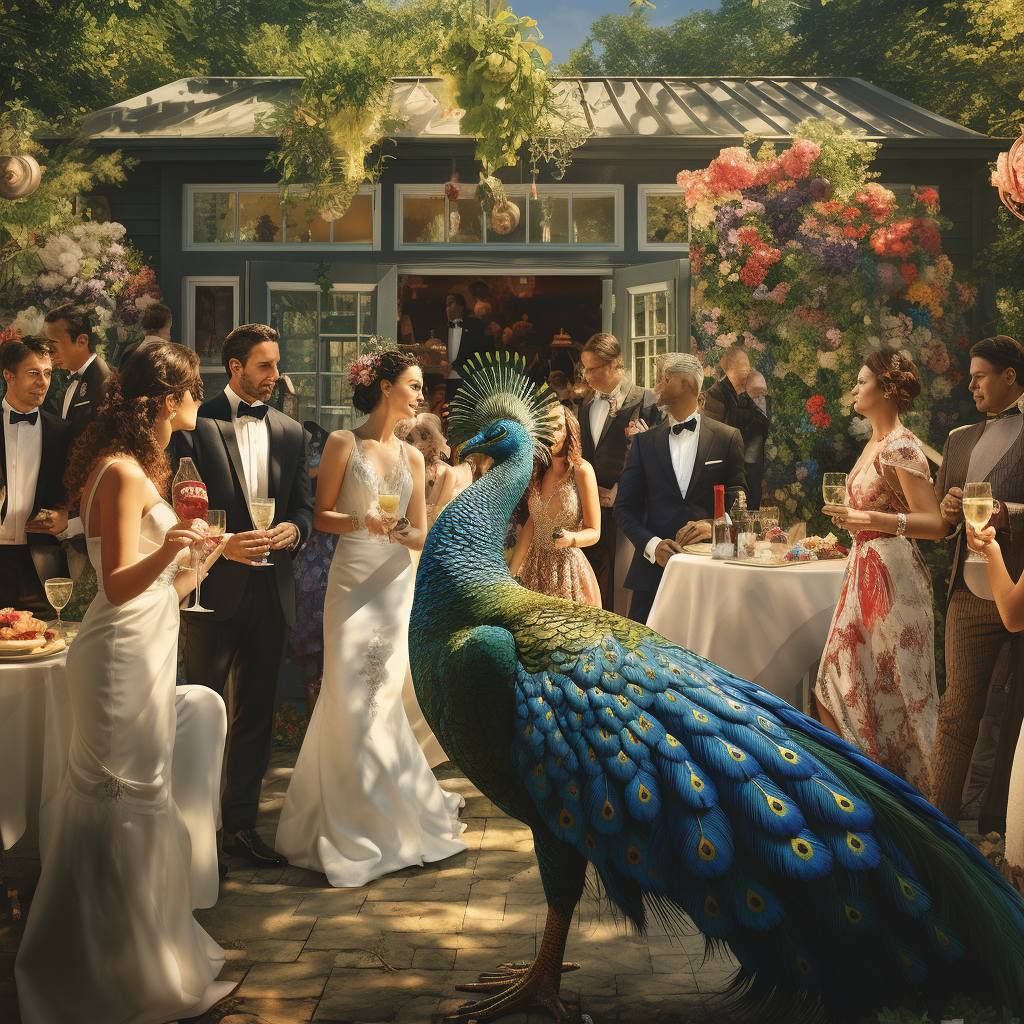 Glamorous house party with flowers and peacocks