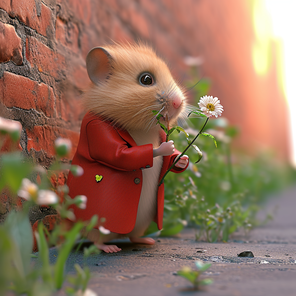 Hamster in red suit biting flower on wall street