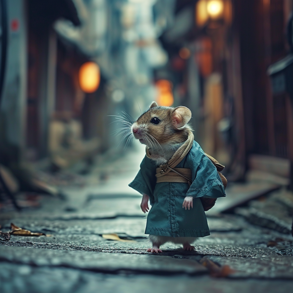 Adorable hamster dressed in clothes walking on a narrow street