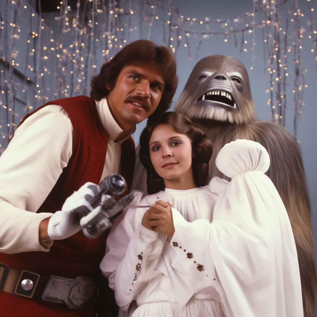 Han and Leia posing for cheesy Christmas mall photos