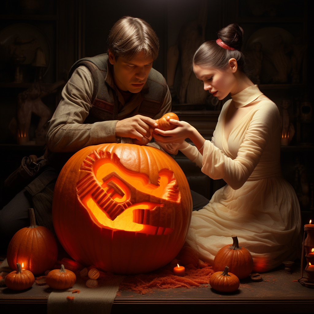 Han and Leia carving pumpkins