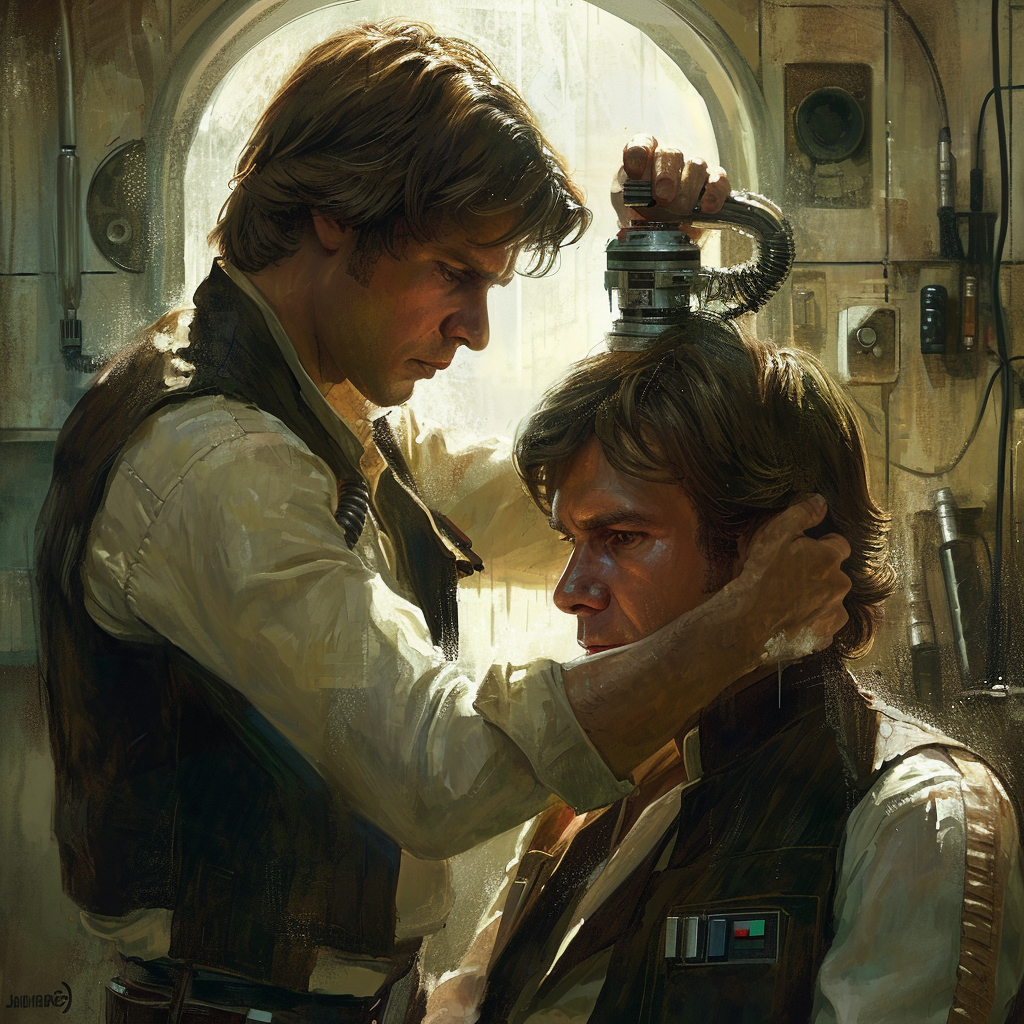 Image of Han Solo giving Chewbacca a haircut