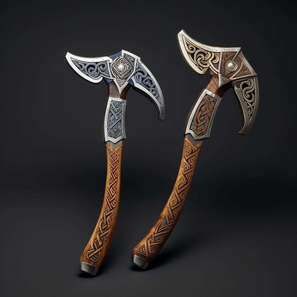 Hand Axe Handles with Polished Wood and Silver Patterns