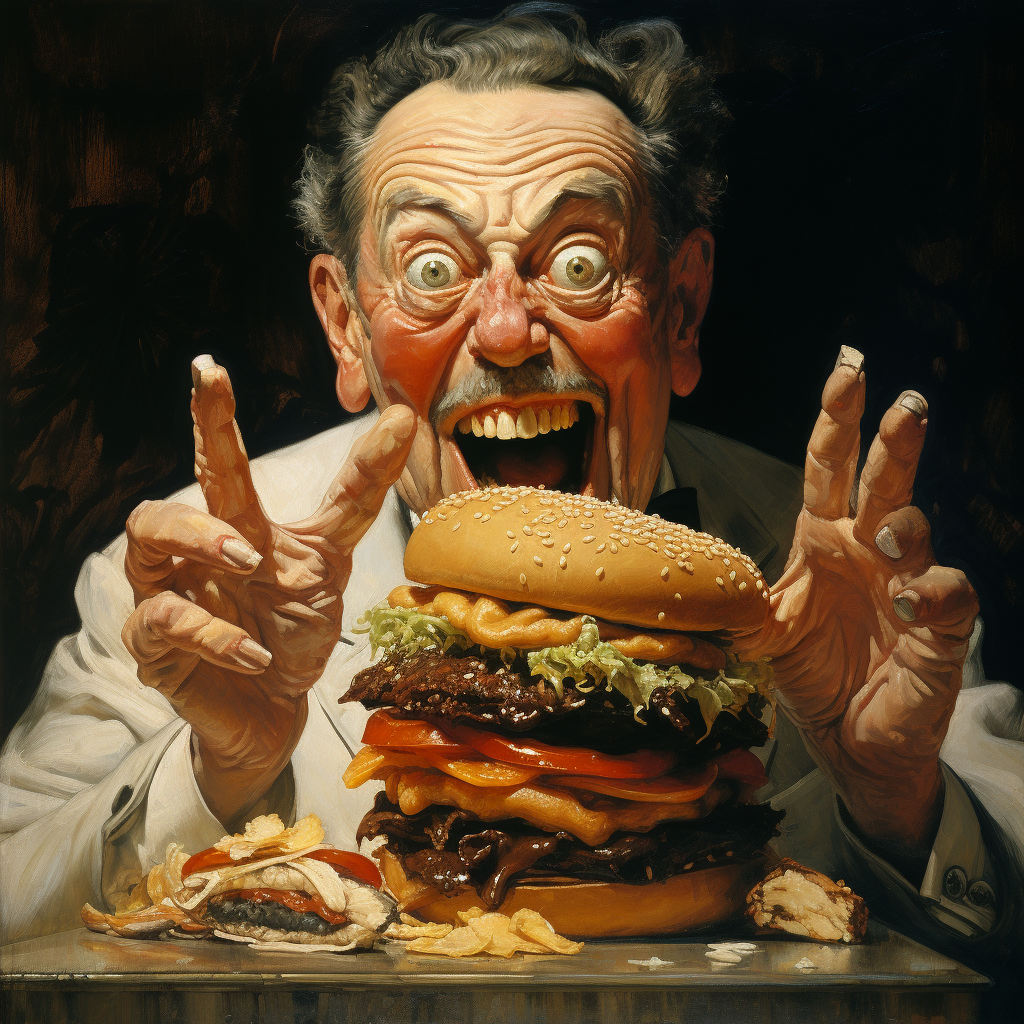 Surreal hand burger painting by Norman Rockwell