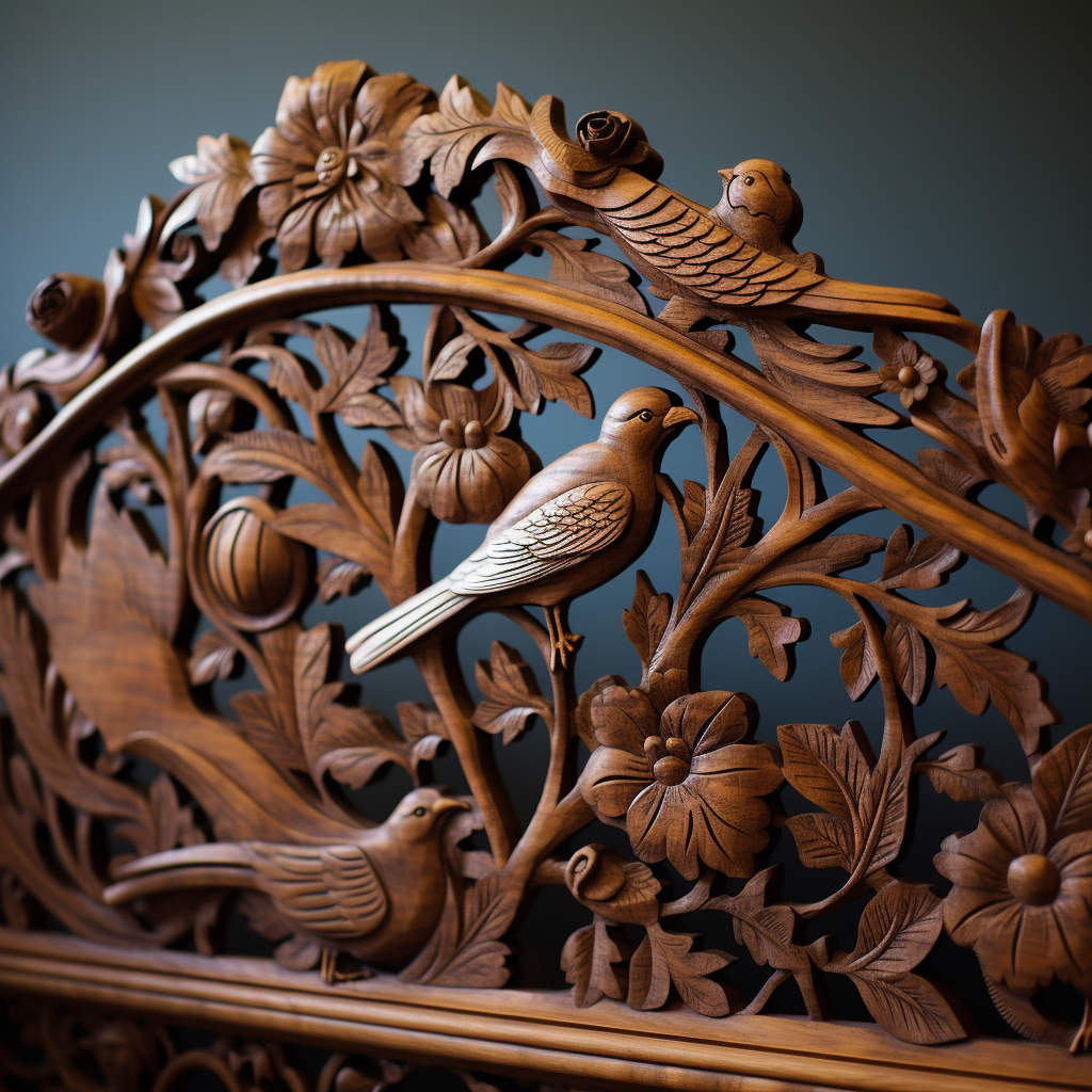 Hand-carved wooden bedframe with birds, flowers, creatures