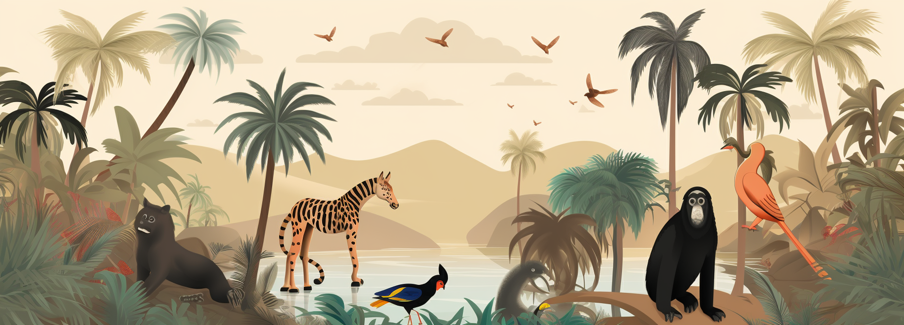 Hand-drawn animal scenery with sloth, lama, surfing monkey, toucan, jaguar, and gorilla