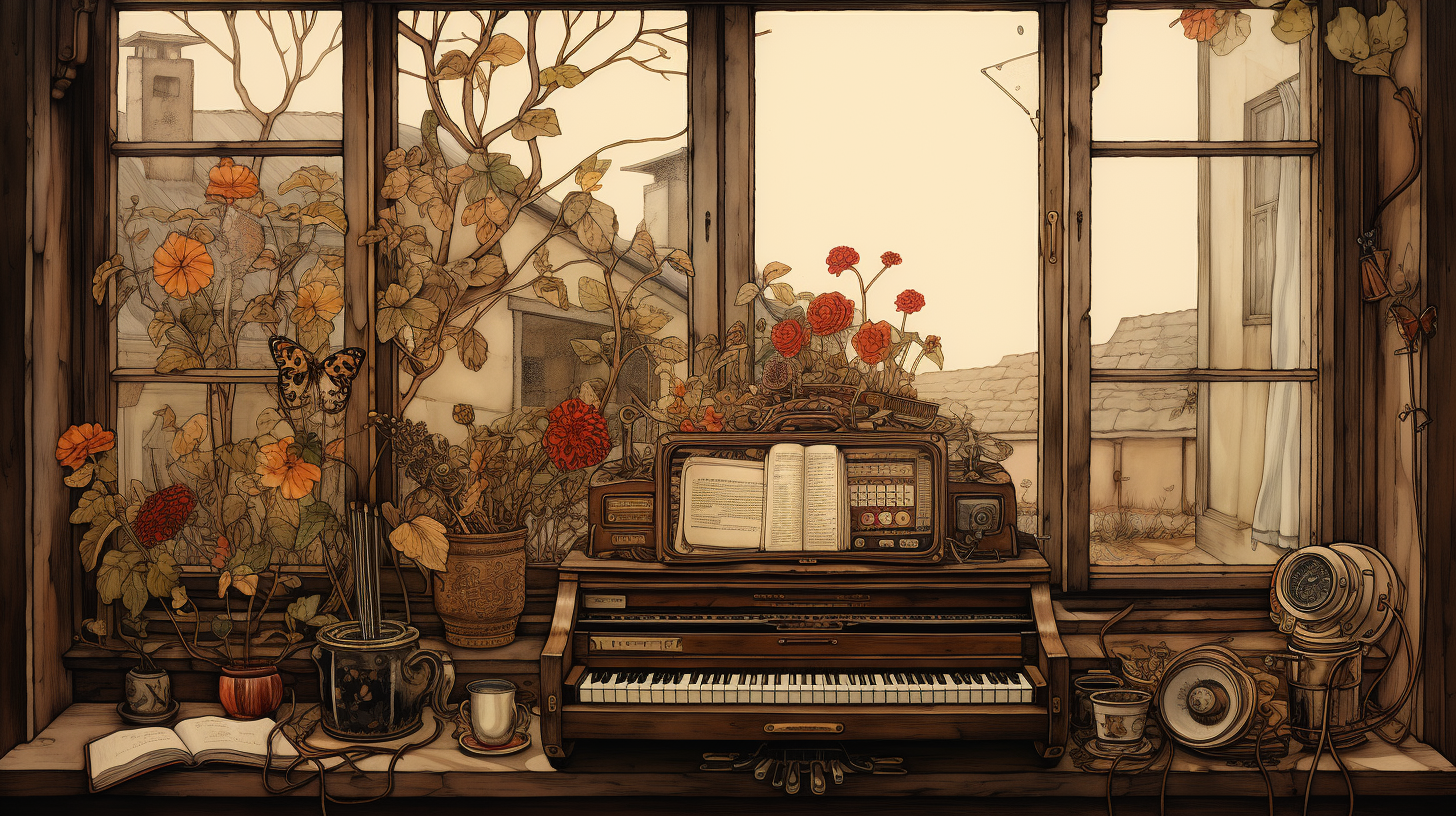 Hand-drawn music box by window