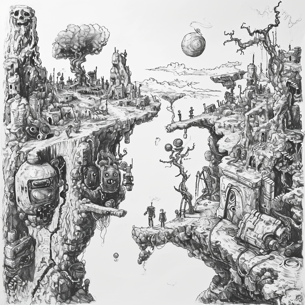 Hand-drawn sketch of surreal landscape with people and robots