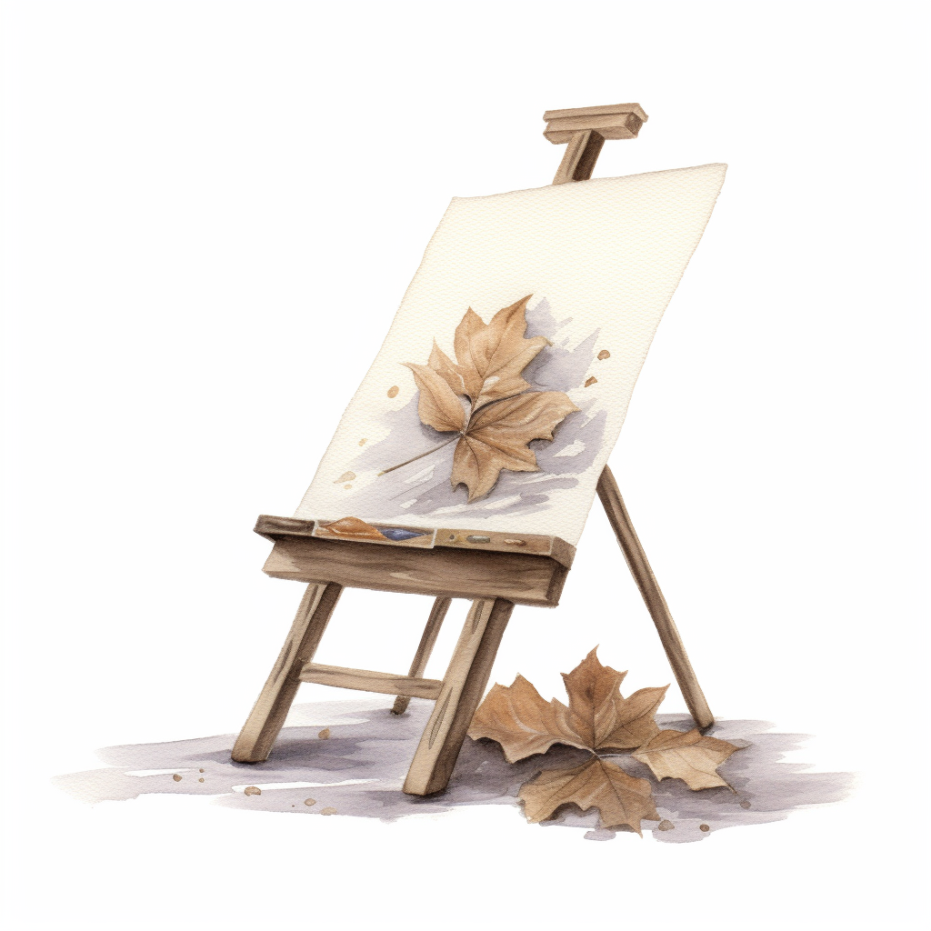 Hand-drawn watercolor easel with leaf artwork