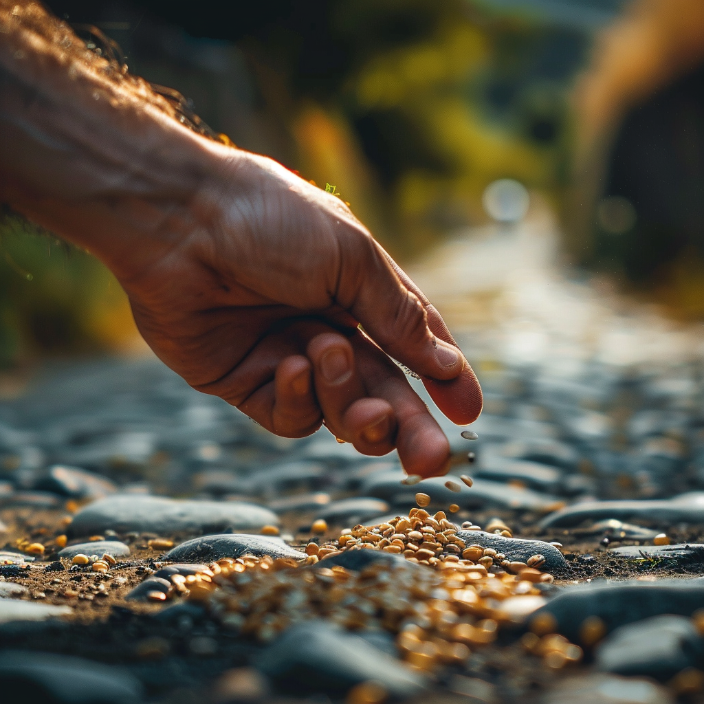 Seeds dropped on stone road