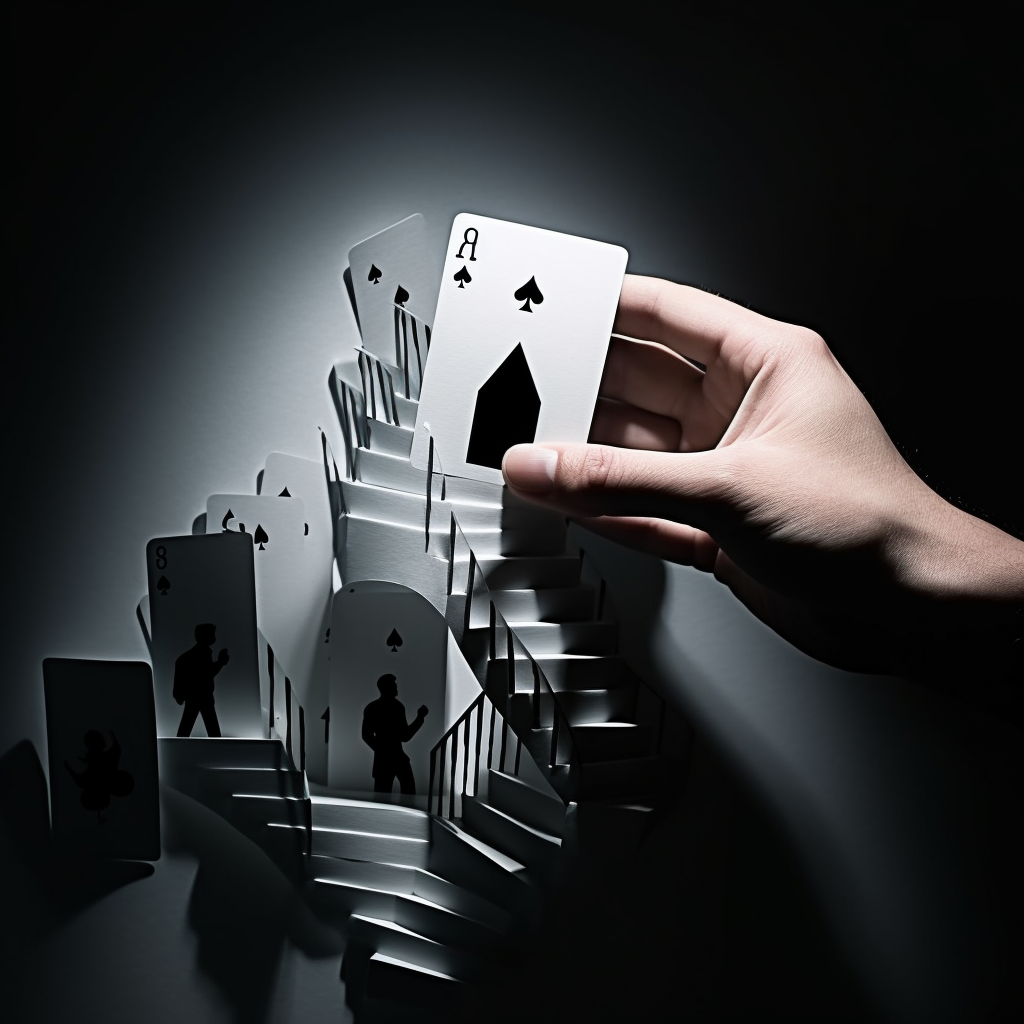 Silhouette of hand holding cards with white tower and black prison