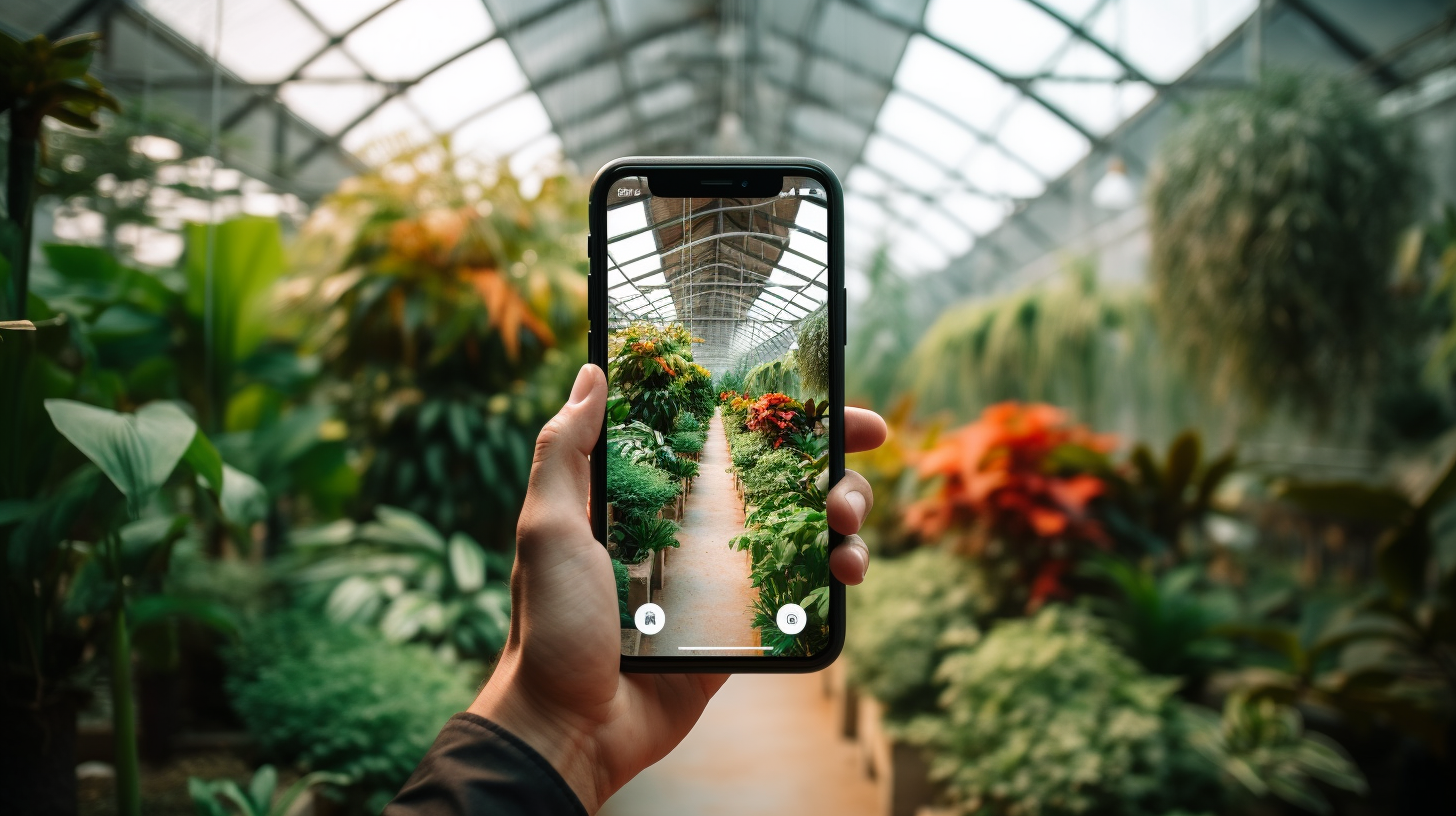 Hand holding cellphone in greenhouse