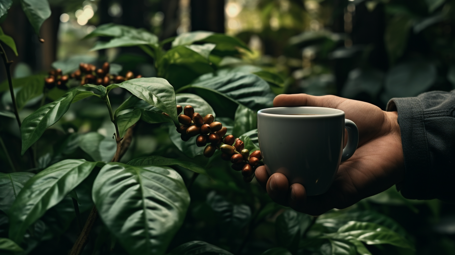 Hand holding coffee cup amidst vegetation