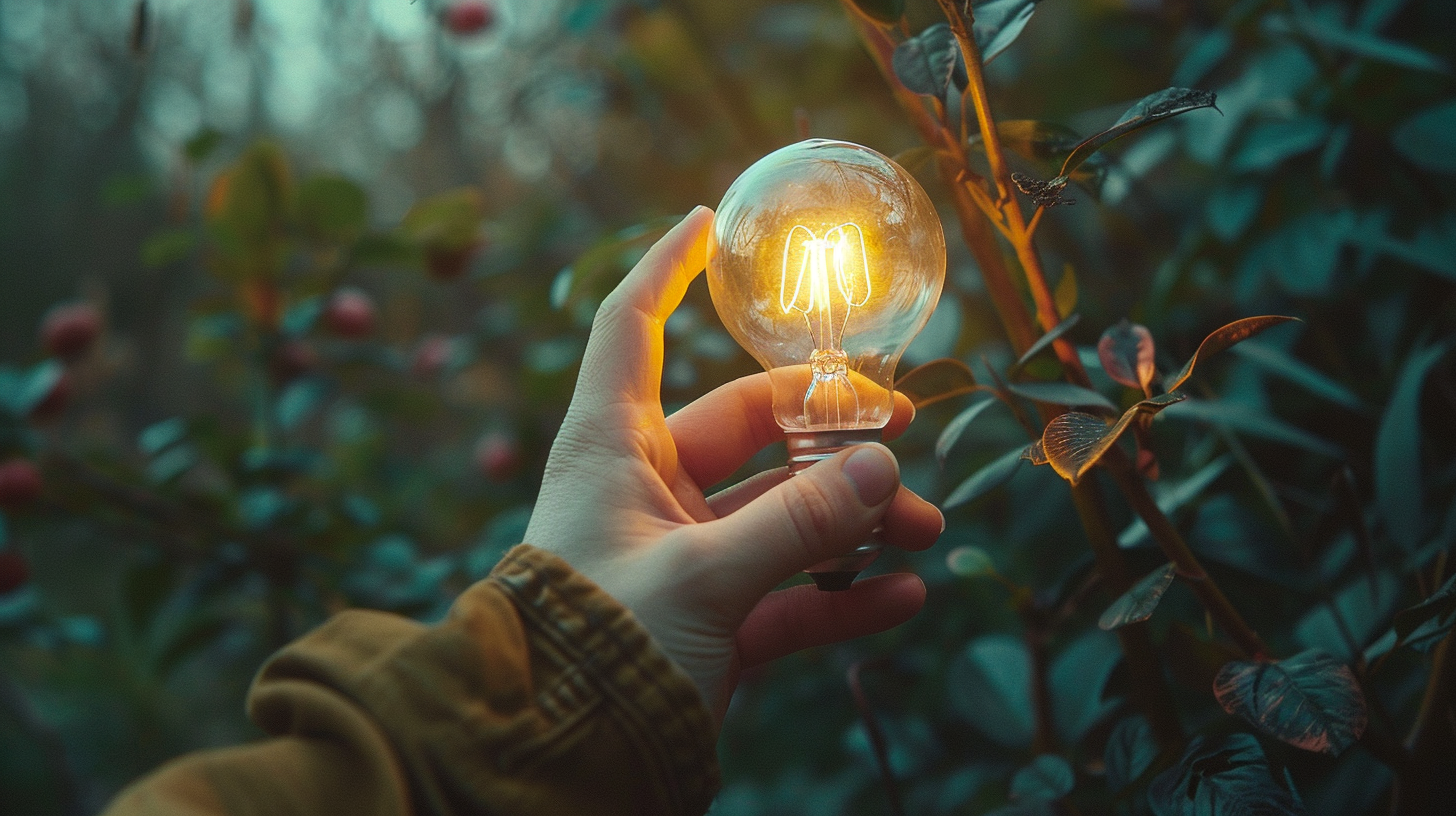 Glowing lightbulb in hand