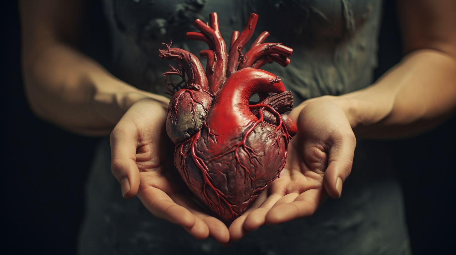 Hand holding a human heart with emotions