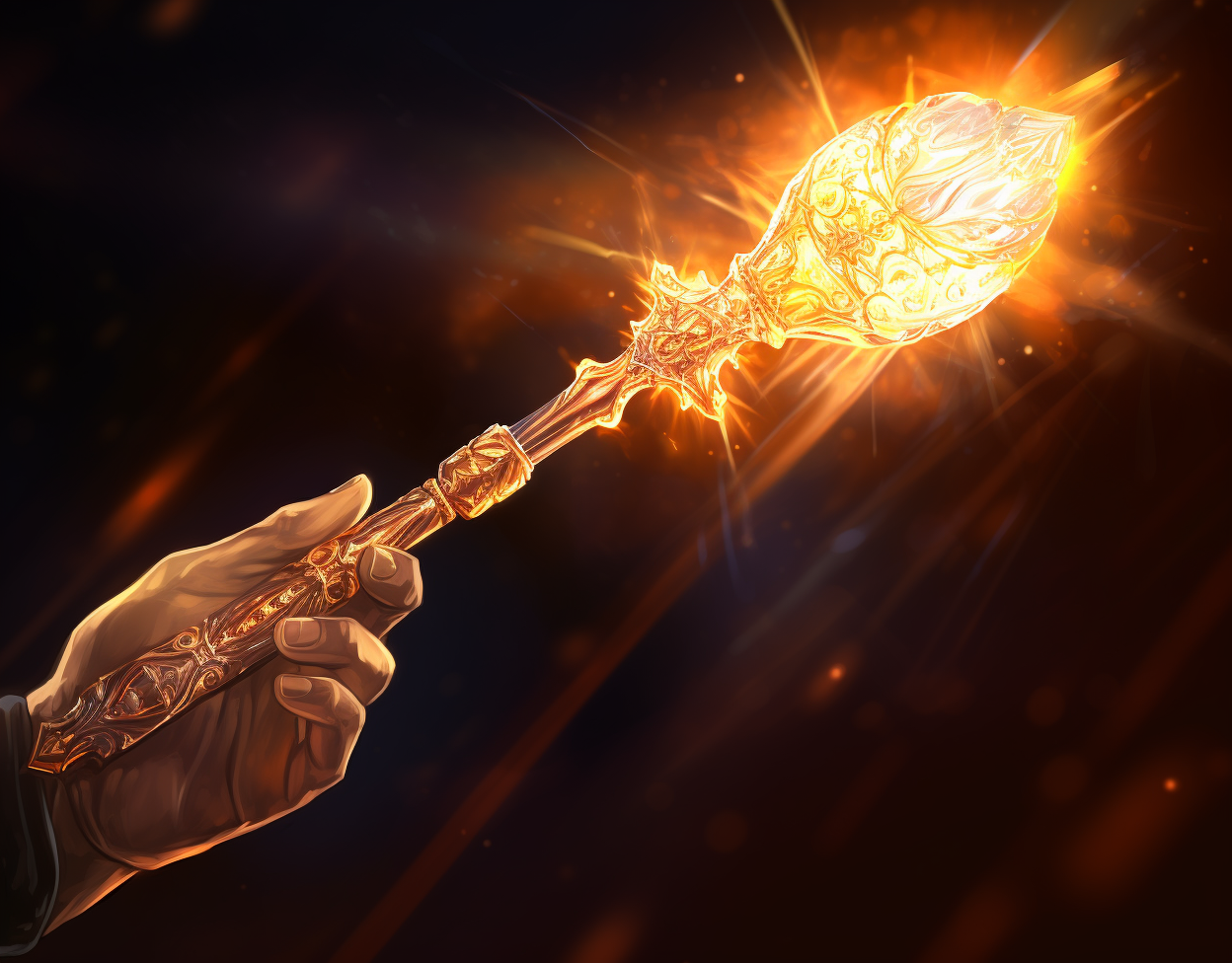 Hand holding magical scepter emitting golden energy