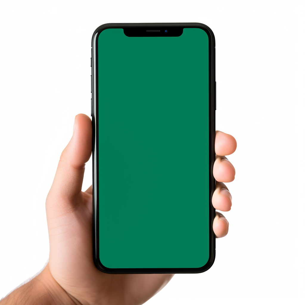 Hand holding phone with green screen