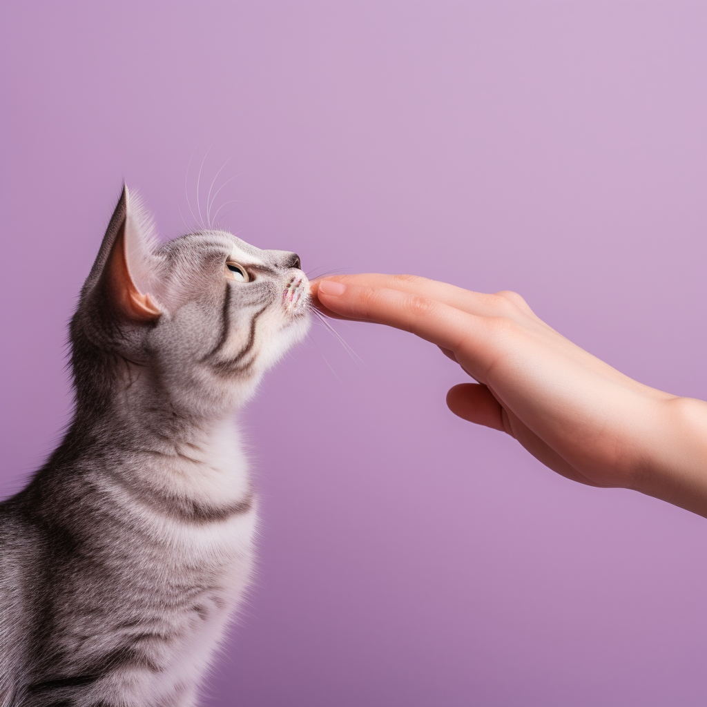 Hand petting cute cat on purple background