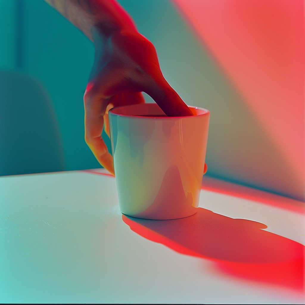 Hand placing white mug on table