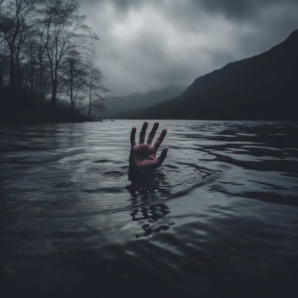 Mysterious hand emerging from the cold water