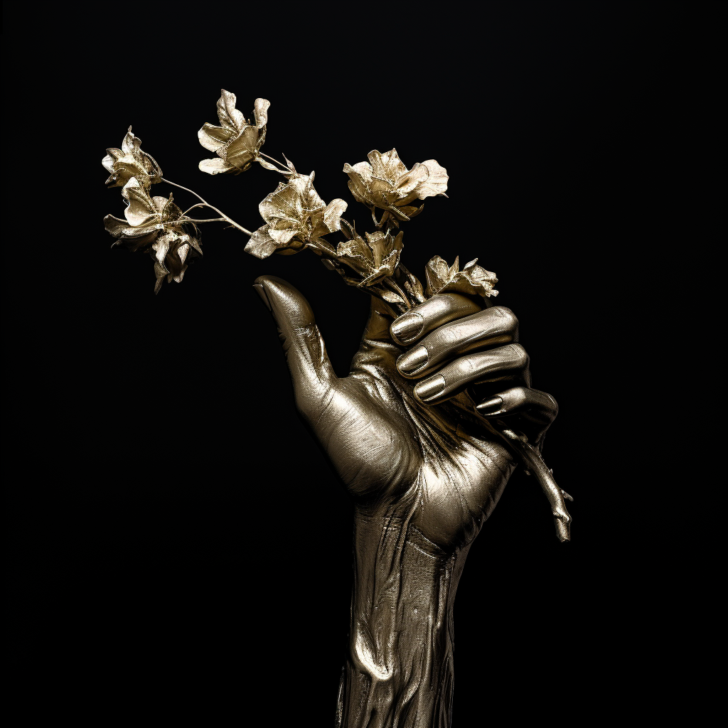 Black and white hand sculpture with golden flowers