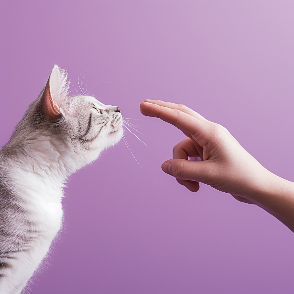 Hand Stroking Cat on Purple Background