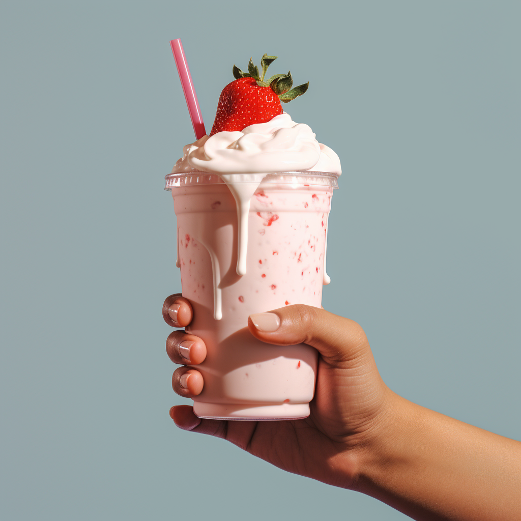 Hand holding a strawberry milkshake