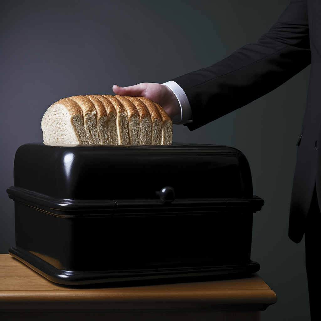 Hand in black glove emerging from bread bin