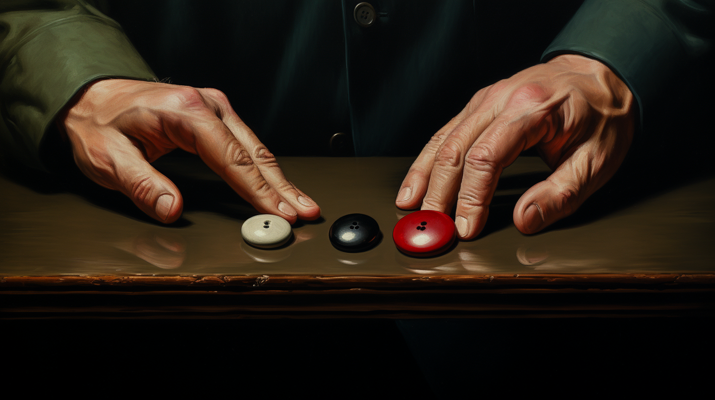 Hand hesitating over buttons artwork