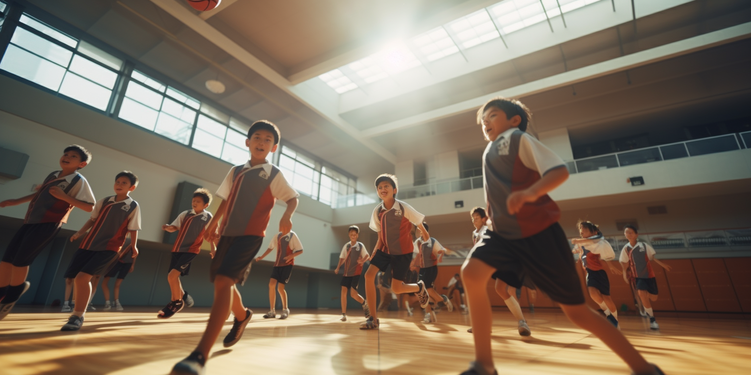 Japanese elementary students playing handball with enthusiasm