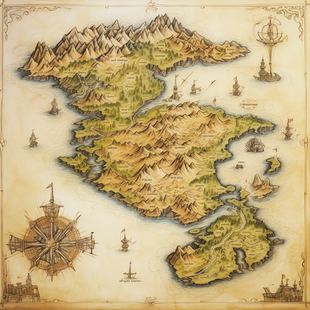 Illustration of handdrawn map islands with a kingdom gateway