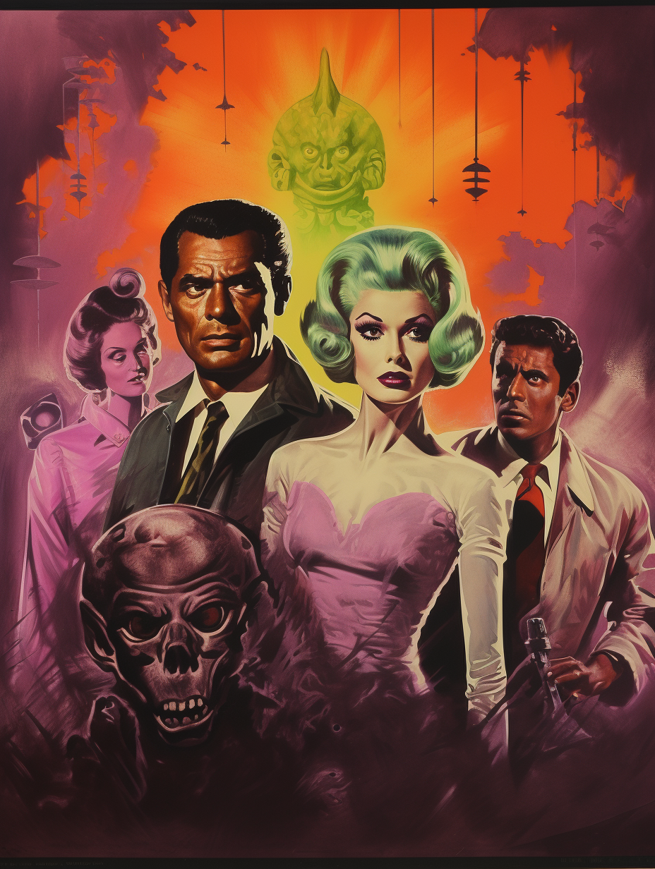 Hand-painted movie poster of 1950s people in Reynold Brown style