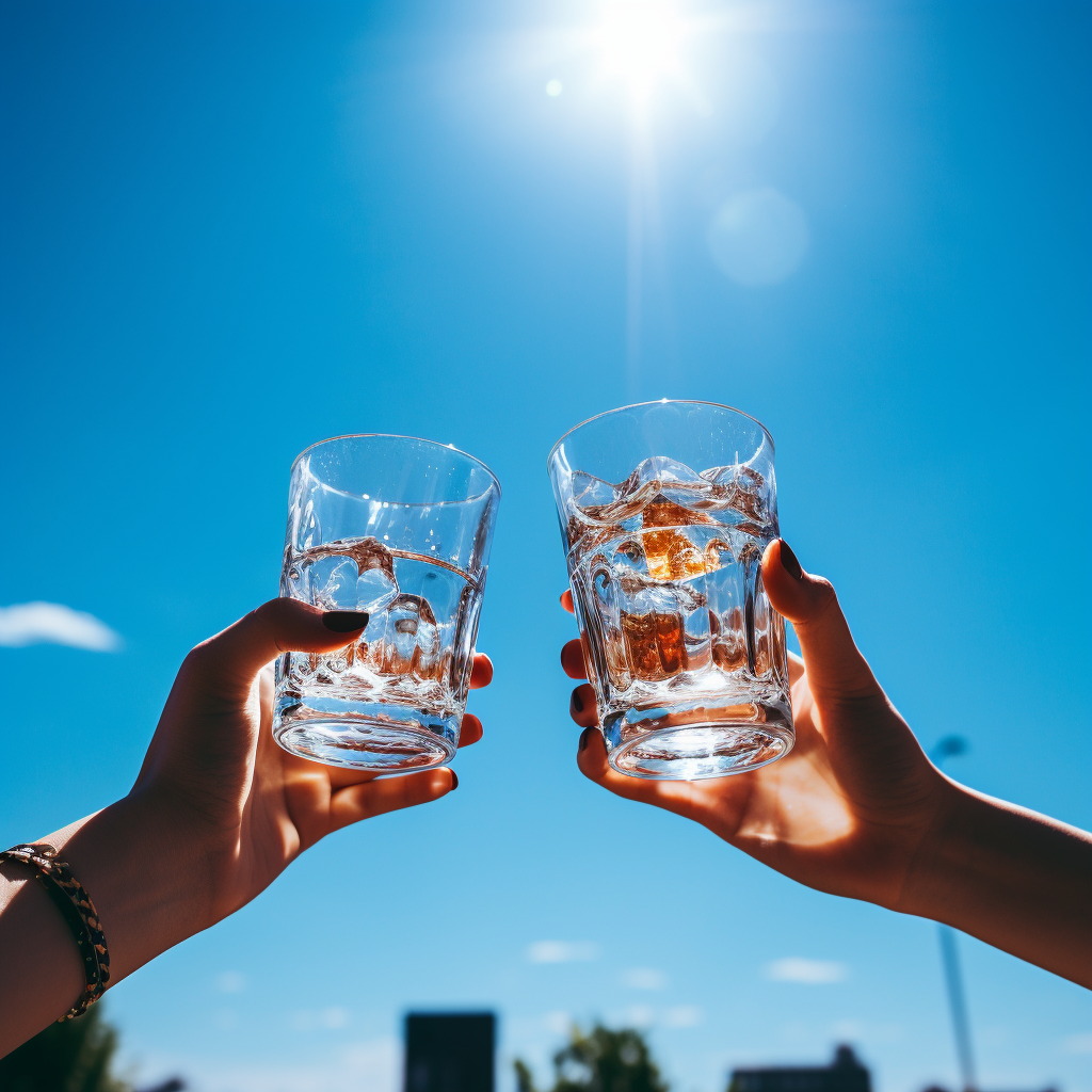 Hands holding champagne glasses against blue sky