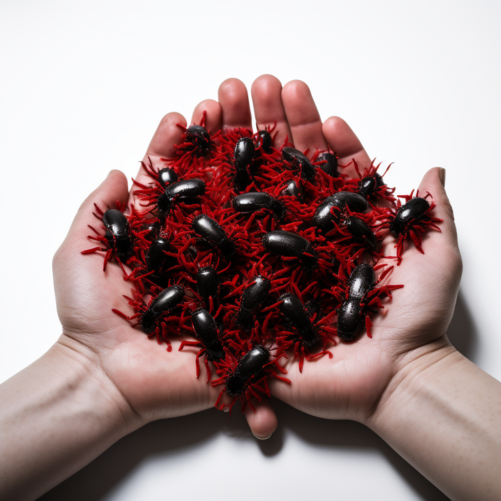 Hands cupping multiple cowkiller velvet ants on palm