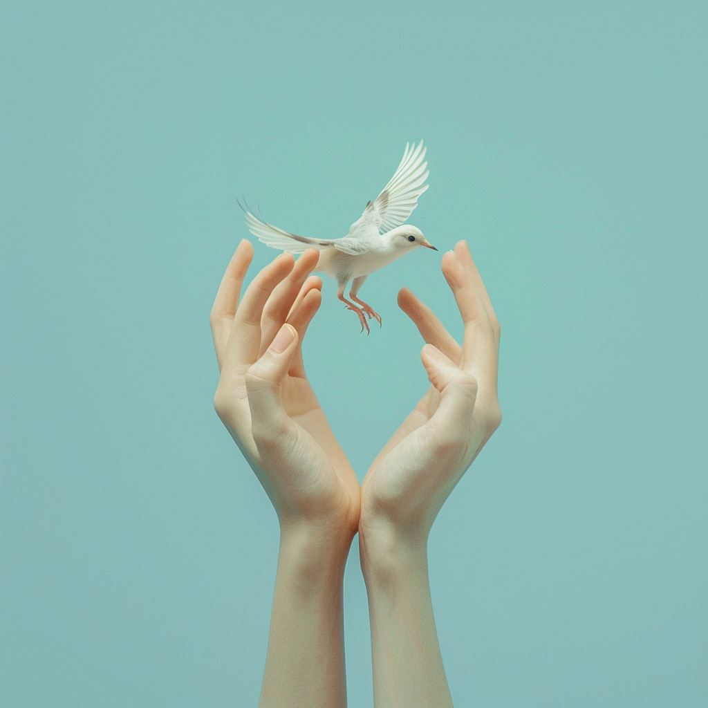 Hands forming bird on blue