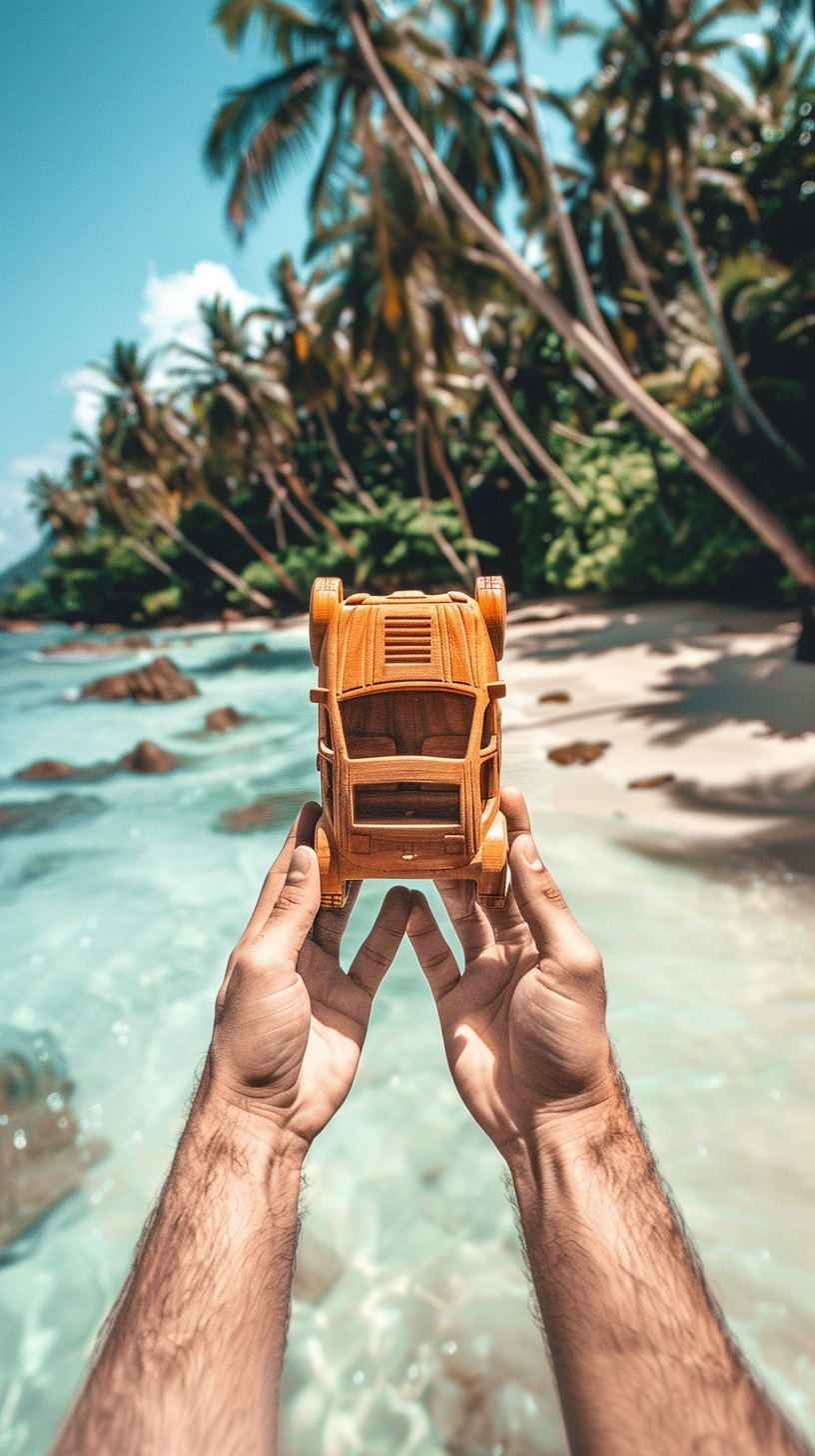 Hands Holding Car Totem on Beach