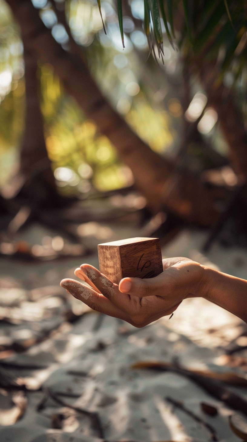 Hands grabbing wood totem cube